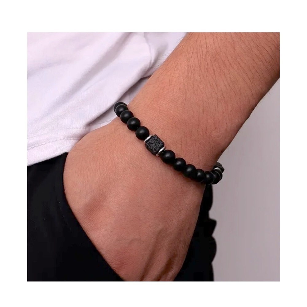 Men Black Matte Round Agate And Cube Volcanic Stone Energy Balance Bracelet